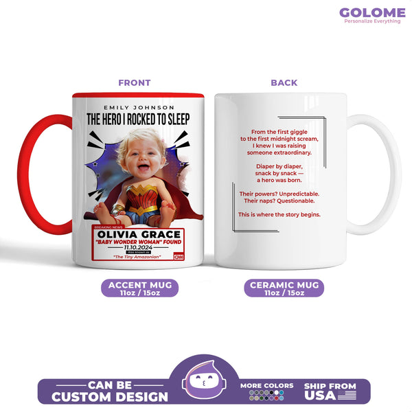 Custom Wonder Woman Baby Mug – “The Tiny Amazonian” with Personalized Photo, Name & Heartwarming Message